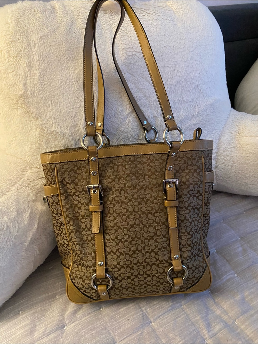 Coach Tan Signature Canvas Tote with Buckle Straps